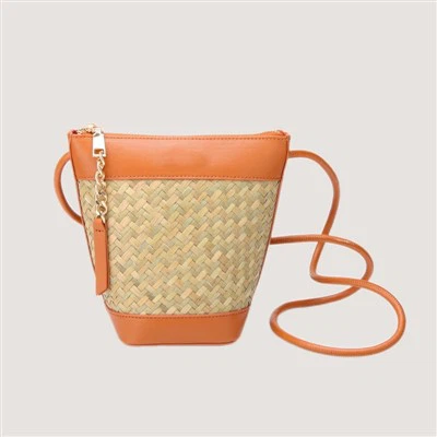 Women Fashion PU & Woven Straw Crossbody Bag